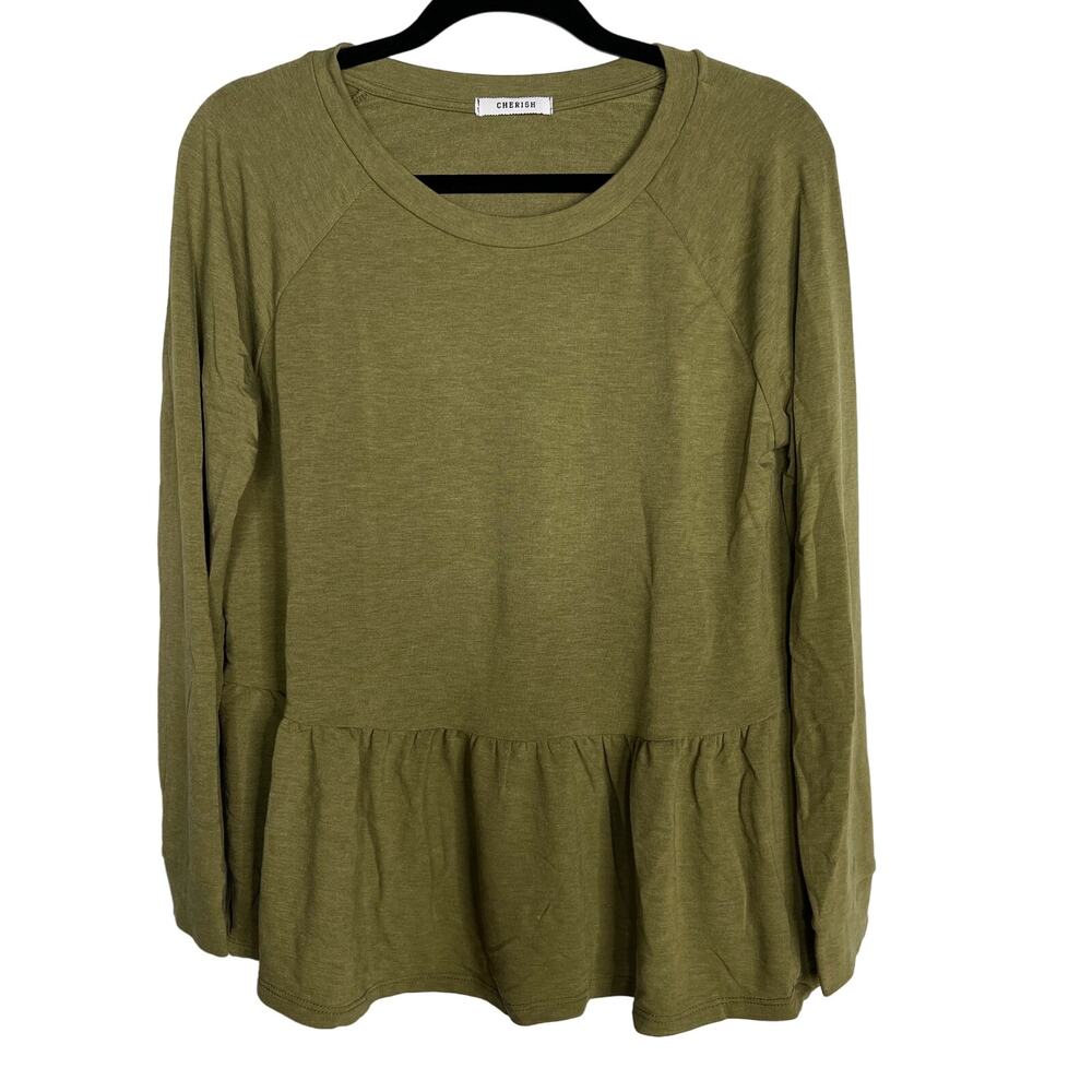New Cherish Large Olive Green Peplum Long Sleeve Tee Tshirt Top Crew Neck Raglan